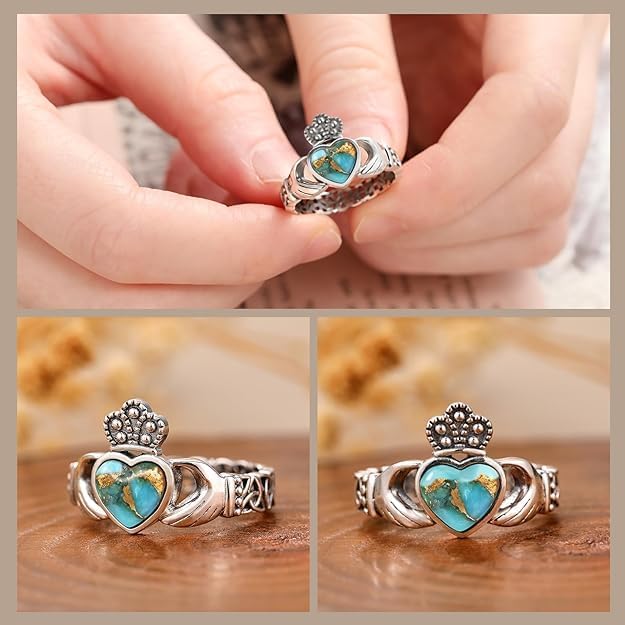 Heart Turquoise/Malachite/Black Onyx Claddagh Rings 925 Sterling Silver Celtic Knot Ring Turquoise Rings for Women Engagement Ring Irish Jewelry Gifts Size 6-9 - Image 6