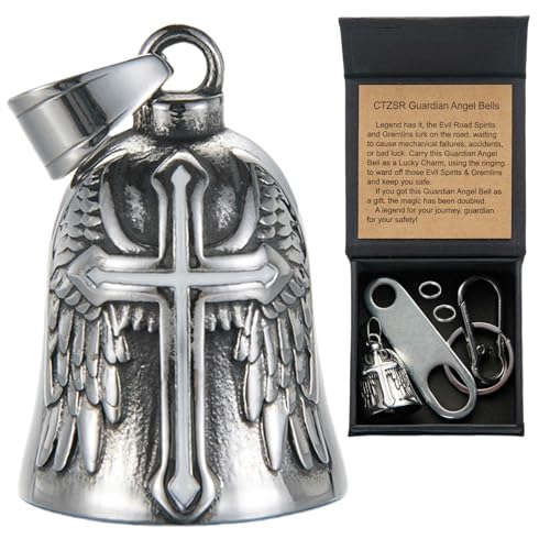 CTZSR Motorcycle Bell Guardian Angel - Good Luck Charm Gift For Rider Men Kids Friends With Gift Box Legend Card Keychain And Hanger & Weather-resistant Gremlin Bells For Bike Car (White)