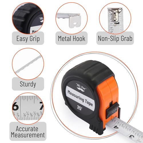 Image of Mr. Pen- Retractable Tape Measure 25 ft, 2 Pack, Orange, Steel Retractable Measuring Tape with Fractions