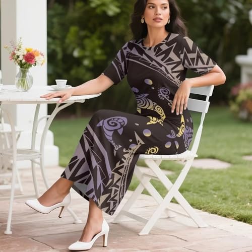 Image of Puletasi Samoan Traditional 2 Piece Outfits for Women Short Sleeve Crop Top and Maxi Skirt Sets Puletasi Dress