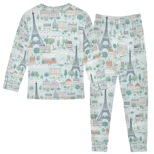 senya Cartoon Eiffel Tower Pajamas Set Long Sleeve Soft Cotton Sleepwear 2 Piece2