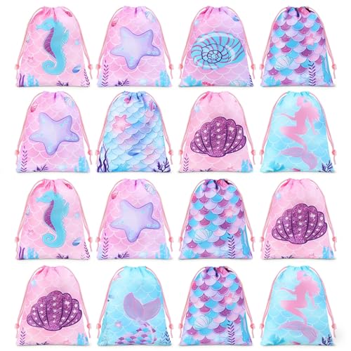 16 bolsas de lembrancinha de sereia para festa de sereia, bolsa de presente de doces, mochila de presente de aniversário, sacos de guloseimas sob o mar, tema oceânico, bolsas de guloseimas para
