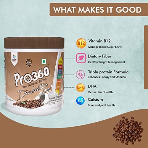 Image of Pro360 Diabetic Care Protein Powder for the Dietary Management of People With Diabetes - Helps in Managing Blood Glucose - No Added Sugar (Roasted Coffee Flavour) 500+ 500g Pack of 2