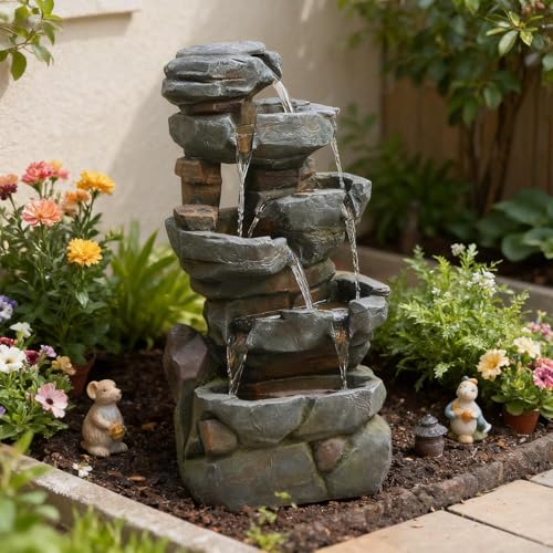 Image of Sunlinua 42 inch H Outdoor Water Fountain with 5 Tiers Large Cascading Realistic Tree Trunk Waterfall Fountains with LED Lights Outdoor Water Fountain for Garden Patio Backyard Porch Home Decor