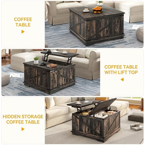 DWVO Lift Top Coffee Table with Storage, Farmhouse Coffee Tables for Living Room, Square Coffee Table with Lifting Top Wood Center Table with Large Hidden Storage, Brown