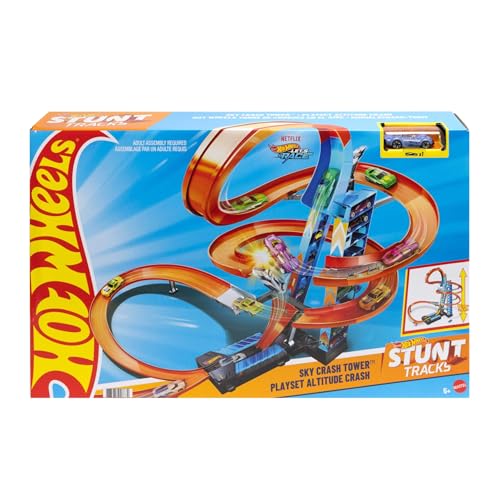 Hot Wheels - Sky Crash Tower Track Set, 2.5+ ft / 83 cm High with Motorized Booster, Orange Track & 1 Hot Wheels Vehicle, Race Multiple Cars, Gift for Kids 5 to 10 Years Old & Up, GWT39