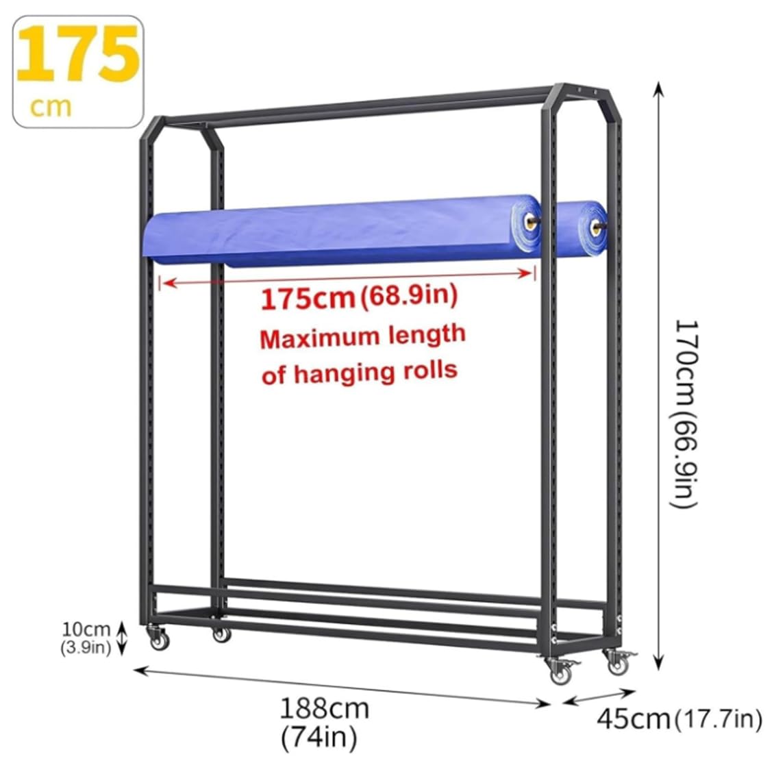 SturdySolut - Estantería de tela ajustable con 18 varillas para colgar, carrito textil para vinilo y telas SturdySolut, 175 cm