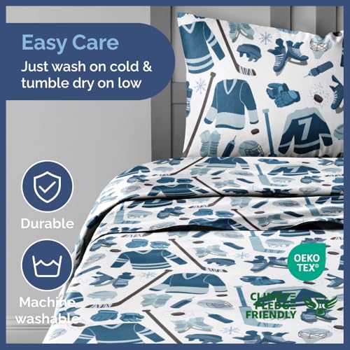Image of Kids Full Size Blue Ice Hockey Bed Sheets - 4 Piece Sport Sheet Set - Ice Hockey Player Print Bedding - Soft, Breathable & Machine Washable - Sports Game Bed Set for Boys, Girls, Teens and Toddlers