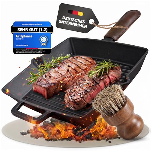 GLUTKÖNIG Grillpfanne Gusseisen emailliert [26 cm] Kein Einbrennen nötig | Eckige Steakpfanne mit Rillen zum Grillen - für alle Herdarten Ofen Induktion | Grill-Pfanne mit Reinigungsbürste