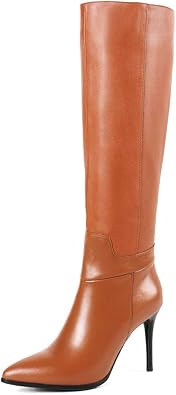 Dance&Style Womens Leather Boots Middle Thin Heels Shoes Zipper Knee High Boots