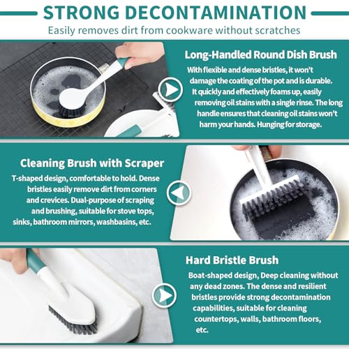 Image of Xicennego 3 Pack Kitchen Cleaning Brush Set,1 Pot and Dish Cleaning Brush with Long Handle,1 Kitchen and Bathroom Brush with Scraper Strip, 1 Hard-Bristled Brush for Sink, Countertops, Tiles(Green