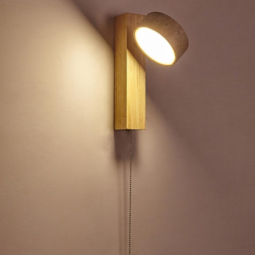 Wood Wall Sconce, Rotatable Wall Light Fixture with Stone Shade, 1-Light Reading Lamp for Bedroom, Living Room(Wood)