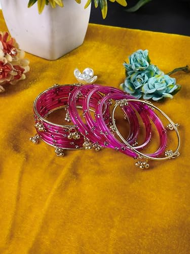 Image of NMII Viral Multi Colour Glass Bangles with Golden Ghungroo Charms & Stone Work For Women & Girls | Fancy Designer Glass Bangle | Traditional Chudi | Kanch Ki Churi | Stylish Ghungroo Bangle For Women