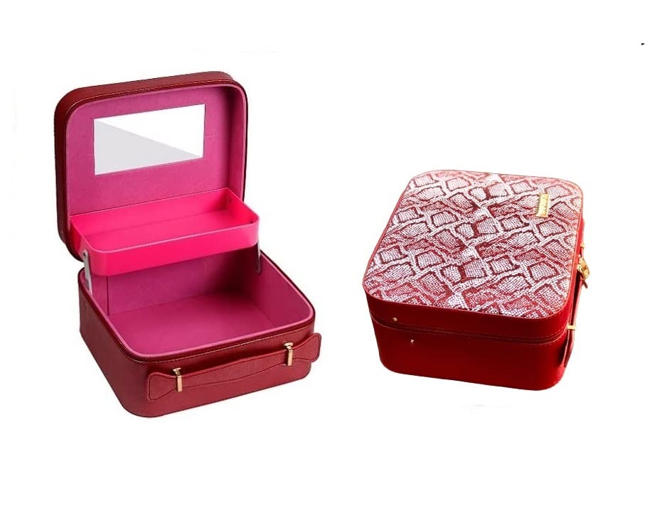 STRIPES Maroon Color with Shiny Glitter Design Makeup Organizer Bag with Mirror for Travel, Large Vanity Box, Makeup Box Cosmetic Case with 2 Compartments with 1 Tray