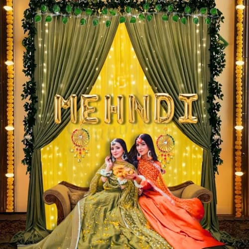 Image of Shimmers Mehndi Decoration Kit 15 Pcs Set, Mehndi Foil Banner with Yellow Green Net Curtain, Artificial Money Plant Strings, Marigold Flowers, Ribbon for Haldi Mehendi Function Decor