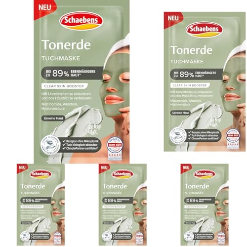 Schaebens Tonerde Tuchmaske - Clear Skin Booster - hilft Unreinheiten zu reduzieren und verbessert das Hautbild mit Niacinamide, Allantoin und Hyaluronsäure, 1 Tuchmaske für unreine Haut