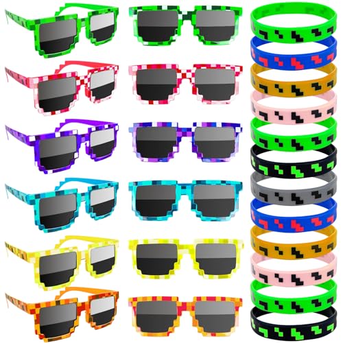 24Pack Pixel Theme Party Favors, 12 Pixelated Sunglasses and 12 Silicone Bracelets, Video Game Gamer Ideal Gift for Kids and Adults Birthday Party Decorations Supplies