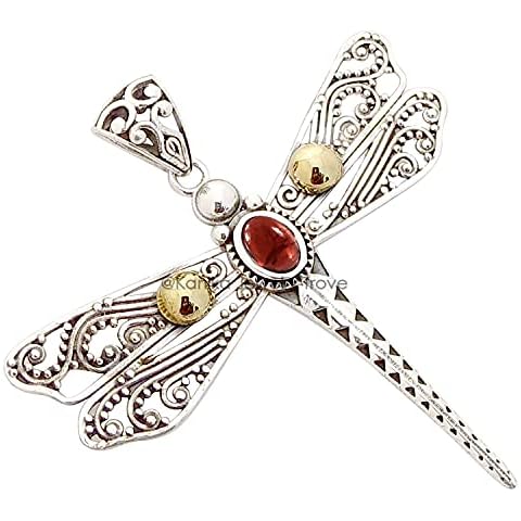 Garnet Dragonfly 925 Silver Pendant with Gold Ball Cover