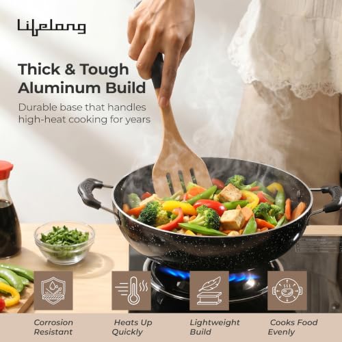 Image of Lifelong Non-Stick Frying Kadai with Glass Lid | 2 Litre & 22 Cm | Induction and Gas Compatible Cookware Kadhai|No Burnt Food |Scratch Resistant for Cooking Curry, Dal, Rice & Biryani(LLKA01, Black)
