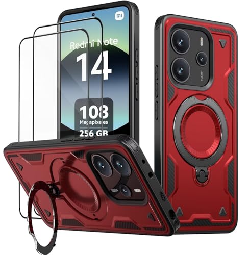 KANSi Funda para Xiaomi Redmi Note 14 / Redmi Note 14 4G (No para 5G) con Cristal Templado*2, Anti Golpes Carcasa Protectora Resistente con Anillo Soporte Giratorio   Capa Rojo