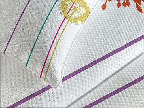 Lunarable Floral Bedspread, Flower Inspired Artwork Colorful Dandelions On White Background Illustration Print, Decorative Quilted 3 Piece Coverlet Set With 2 Pillow Shams, King Size, Blue Purple #TOP2