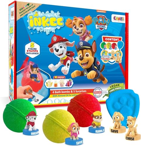 INKEE Geschenkbox PAW PATROL - Box mit 4 Kinder Badebomben mit Mandelöl enthält 5 verschiedene Pawpatrol Figuren zum Sammeln - Badekugeln Kinder mit Überraschung