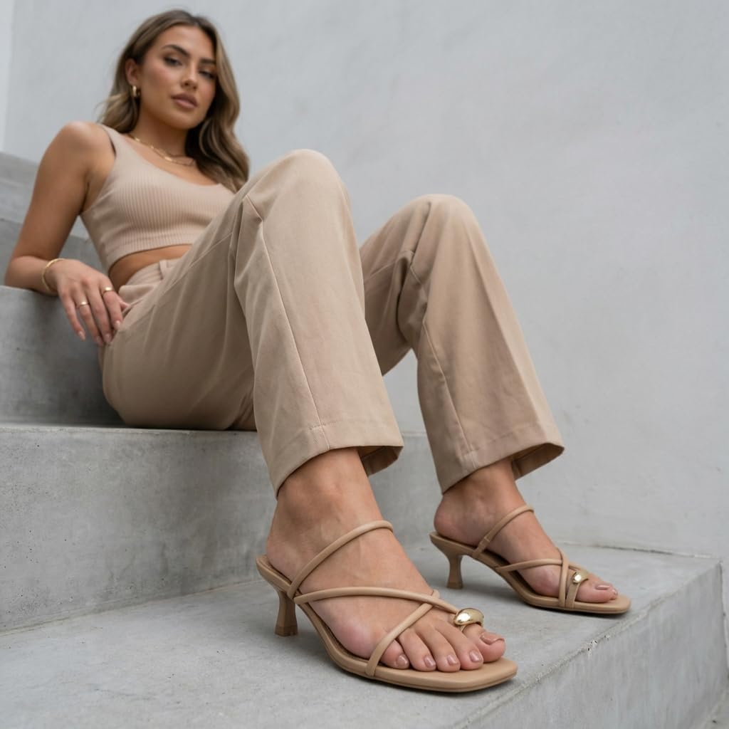 CUSHIONAIRE Maui Strappy Womens Sandals with Kitten Heels – Vegan Leather Slip On Dress Sandals for Women, Square Toe Wedding Shoes