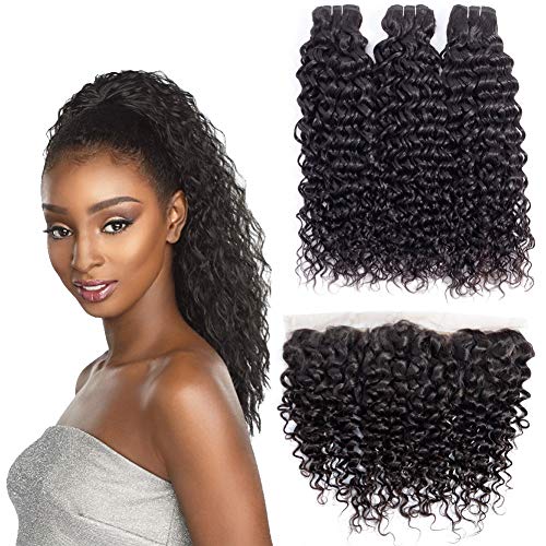 Brazilian Human Hair Water Wave Bundles with Frontal (10 12 14 + 8) Wet and Wavy 3Bundles Water Wave with 13×4 Frontal Closure Human Hair