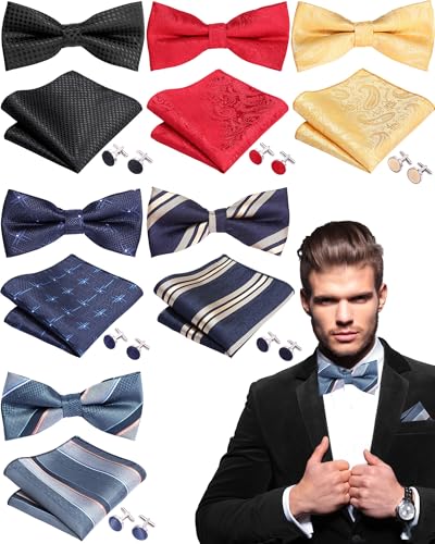 Image of Chicingyou 6 Sets Pre Tied Bow Tie and Pocket Square Cuff Links Sets for Men Classic Formal Tuxedo Adjustable Elegant Bowtie for Wedding Party Halloween Christmas Birthday Gifts