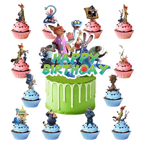 13Pcs Cute Animals Cake Decorations Set with 1pcs Happy Birthday Cake Topper 12pcs Cupcake Toppers Cartoon Movies Themed Party Supplies Birthday Party Decorations Supplies