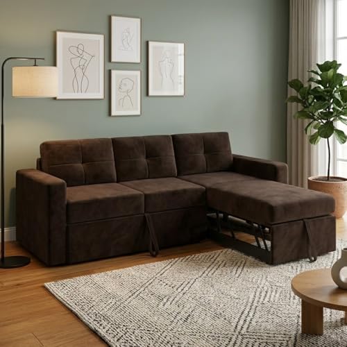 Image of FURNY Tira 4 Seater RHS Lounger Sofa Cum Bed (Dark Brown) with Pull-Out Function | Luxury Velvet Suede Finish | Durable Comfort | Ideal for Living Room