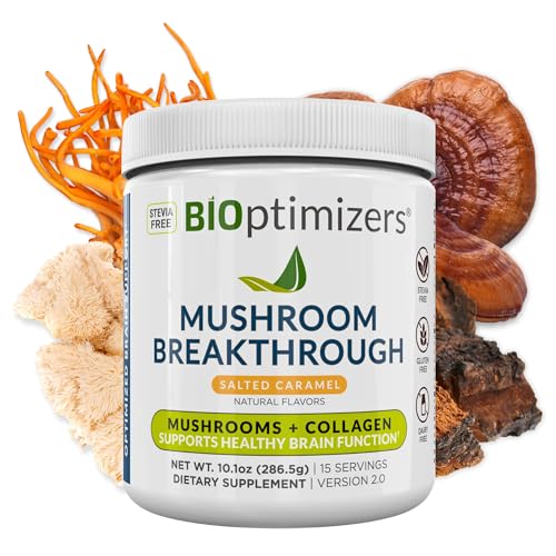 BiOptimizers Mushroom Breakthrough Drink Salted Caramel : 5 Superfoods Functional Mushrooms Plus Collagen Non-Crash Energy Boosts Focus Gut Health : Powder Lion’s Mane, Chaga and Reishi (15 Servings)