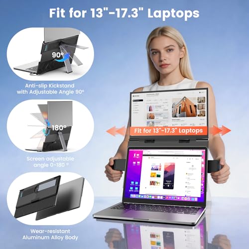 Image of SMISEACOW Laptop Screen Extender 14 inch for 13-17.3'' Laptops, Portable Dual Monitor for Laptop, Ultra-Slim Clamp-On Vertical Dual IPS 1080P Screen Monitor Extender, USB-C HDMI for Office Travel