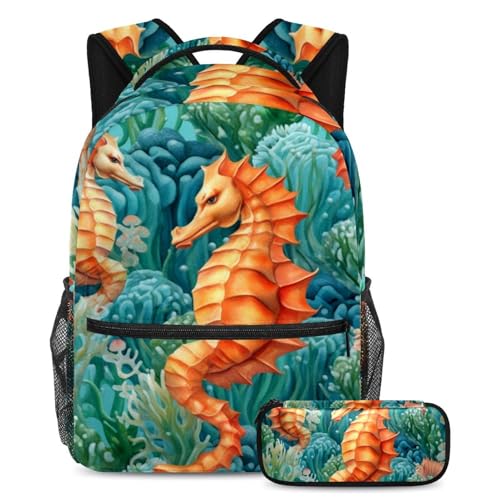 Cartable hippocampe sous-marin avec trousse grand sac à dos scolaire art pour fille et garçon