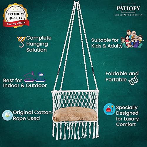 Image of Patiofy Premium Swing for Balcony /Jhula for Adults /Jula with Golden Cushion & Accessories for Indoor & Outdoor (White)