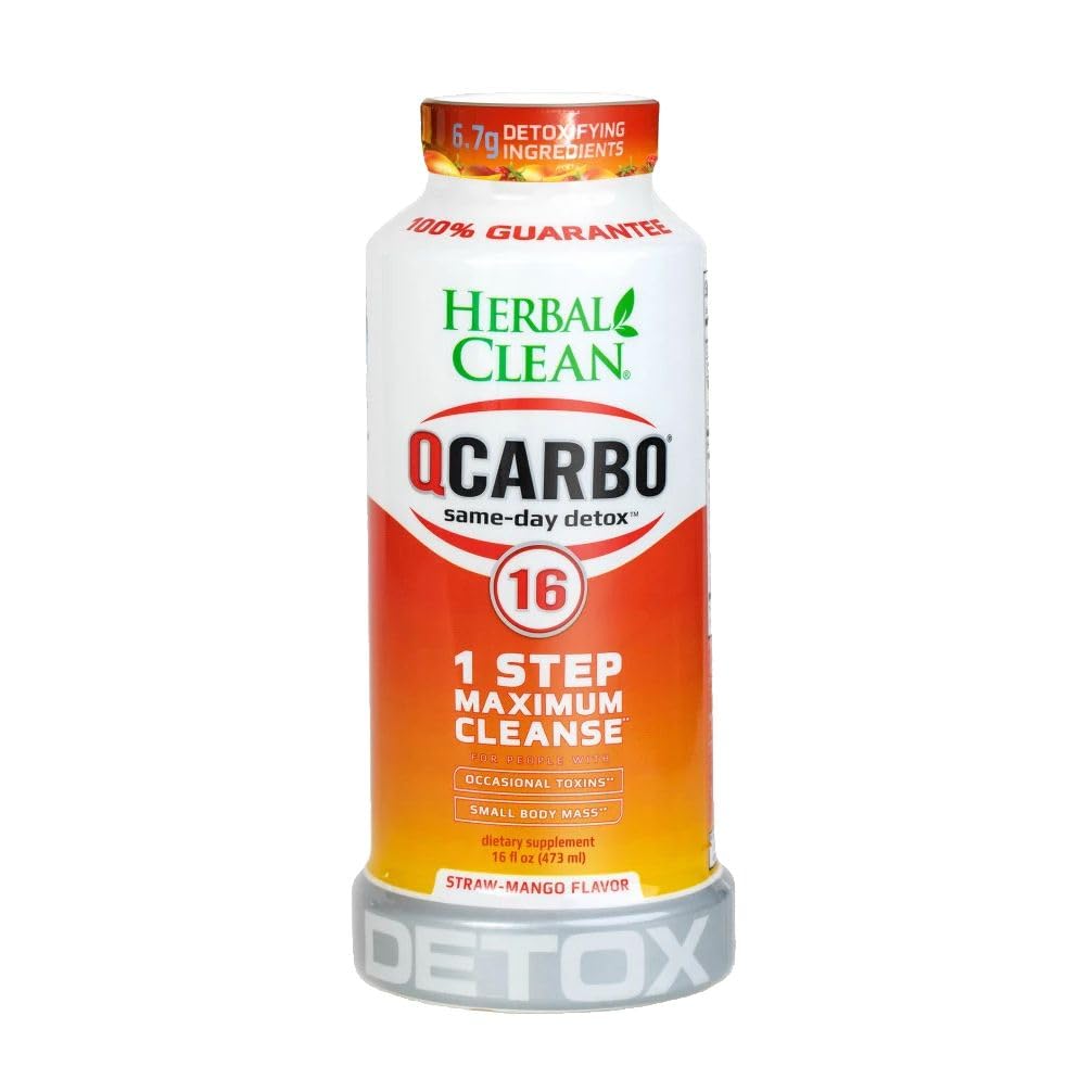 Herbal Clean Qcarbo16 Same-Day Detox Cleanse Drink (16 fl oz) - Strawberry Mango Flavor Full Body Cleanse* Detox Drink for Moderate Toxin Level*, Vitamin B2 and Vitamin B12 for Men & Women