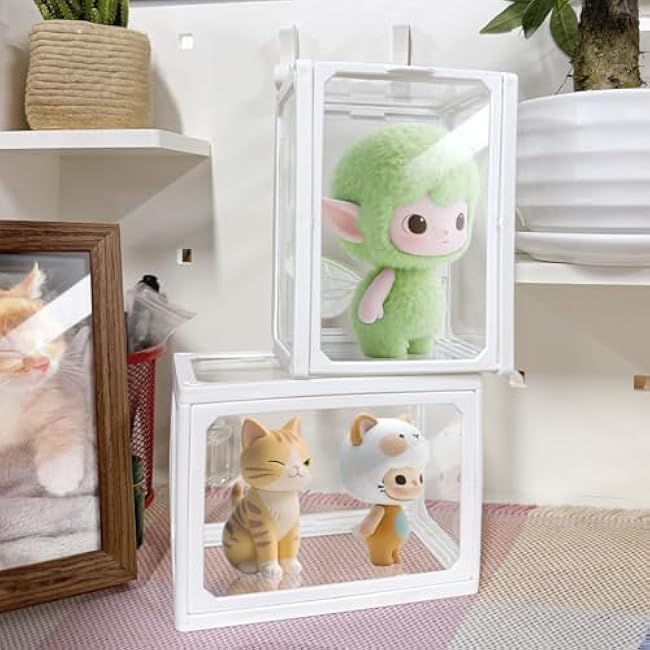 Small Glass Doll Display Case with Lid, Desktop Figure Acrylic Shelf for Collectibles, Stackable Clear Splicing Display Box for Doll Figures Collectibles Showcase Protection Organizer