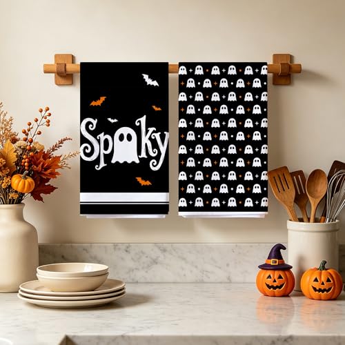 Image of Hexagram Halloween Kitchen Towels, Ghost Spooky Halloween Hand Towels | Black Dish Towel, Ghost Bathroom Decor, Sets of 2, 18 inchx28 inch, Gifts