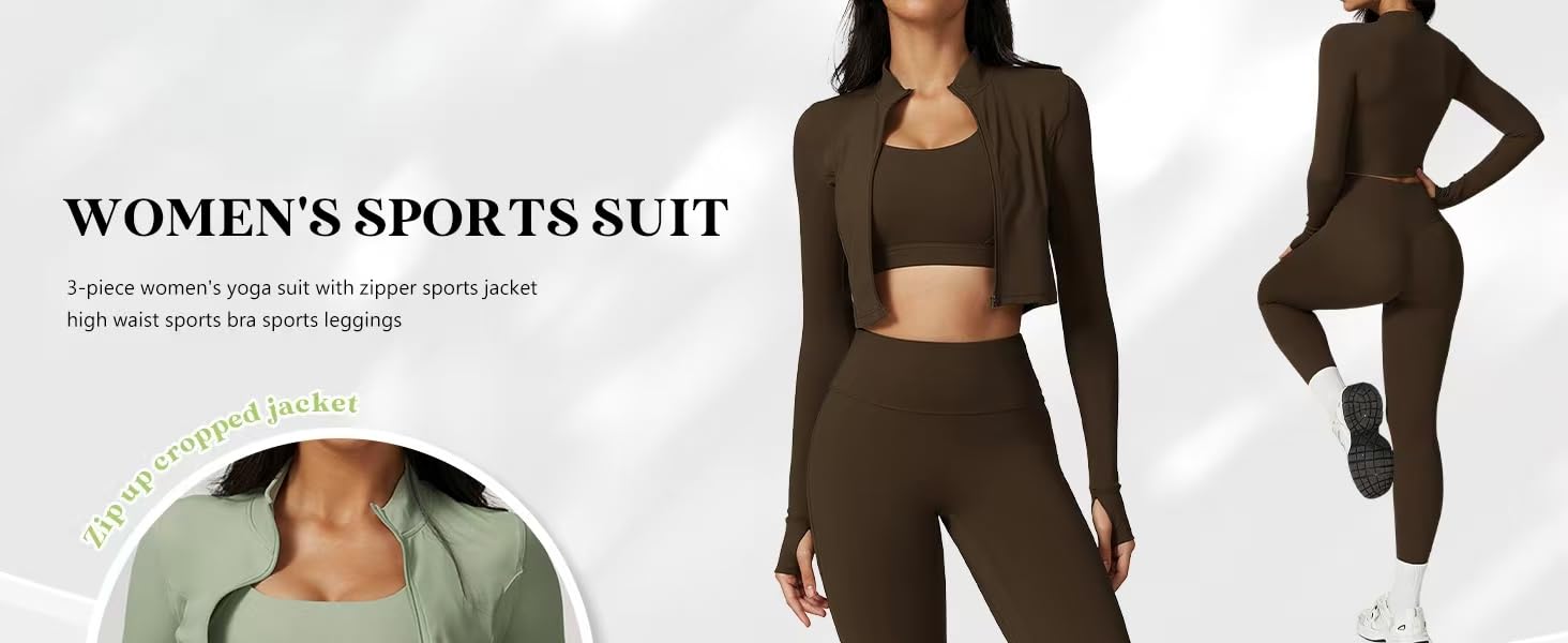 Generisch Damski zestaw do jogi – długi rękaw crop jacket, sportowy biustonosz i legginsy z wysokim stanem