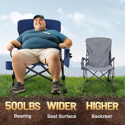 Image of EVER ADVANCED Oversized Folding Camping Chair, Heavy Duty Lawn Chair with Side Pockets, Portable Collapsible Chair for Outside, Support Up to 500lbs, Blue
