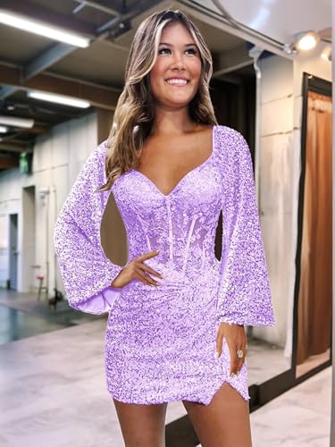 Sequin Long Sleeve Homecoming Dresses for Teens Short Sparkly Corset Mini Prom Cocktail Party Dress with Slit4
