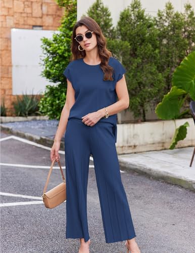Image of Ekouaer Lounge Sets for Women Two Piece Outfits Knit Cap Sleeve Tops Wide Leg Pleated Pants Casual Dressy Sweater Sets