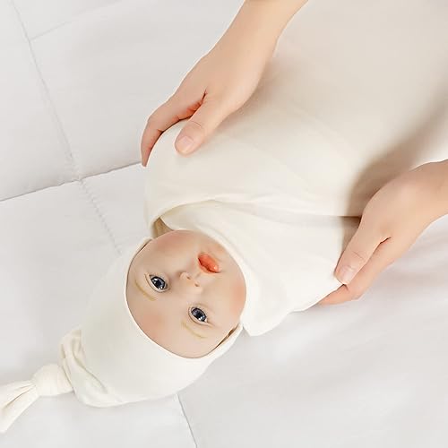 Miniatura 6 de Manta grande de punto de jersey para bebé, manta de recepción suave y elástica para recién nacidos con sombrero, grande 47 x 47 pulgadas (natural)