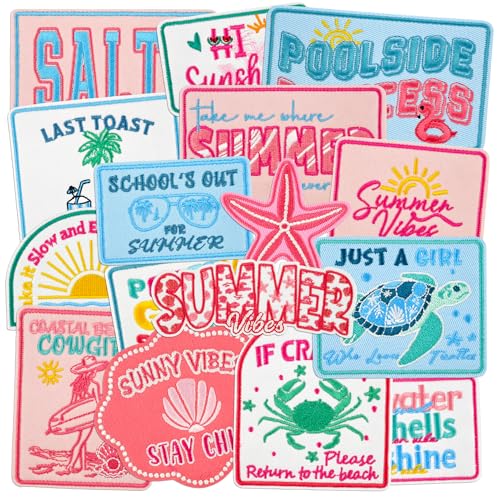 Crocode tears Summer Iron On Patches for Hats 16 Pcs Coastal Girl Beach Embroidered Patches for Clothes Trucker Hat Tote Bag Backpack
