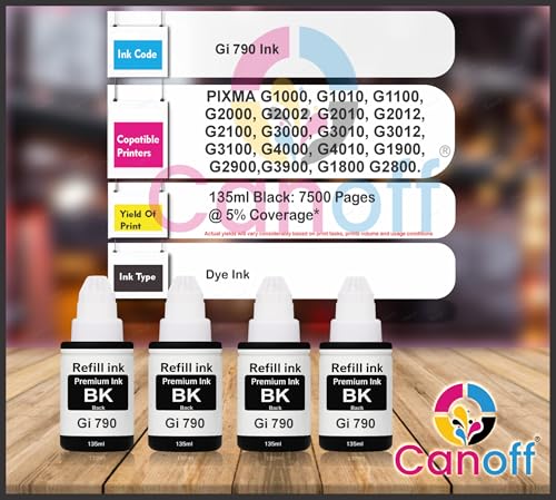 Image of CANOFF GI-790 Compatible Black Refill Ink Bottle (135ml Each) | High Yield, Smudge-Free, Fade-Resistant Ink | Suitable for G1000,G1010,G2000,G2010,G3000,G3010,G4000,G4010 Series (Gi-790 Black 4pc.)