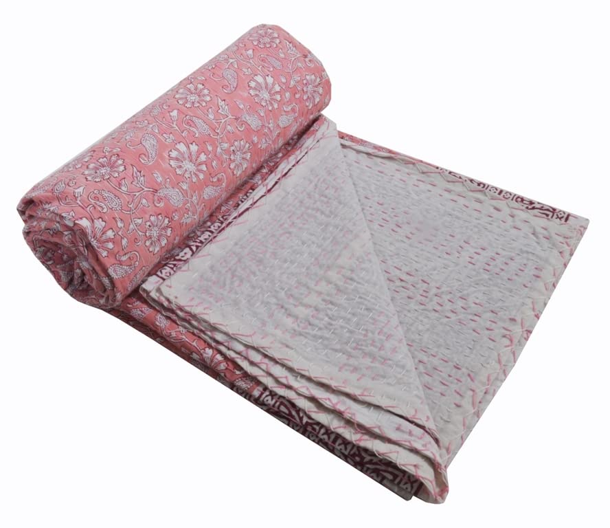 V Vedant Designs Indian Kantha Quilt Block Printed Kantha Blanket Cotton Kantha Bedspread Handmade Coverlet Throw Queen & Twin Size Kantha Bedcover (Multi 01, Twin(90x60))