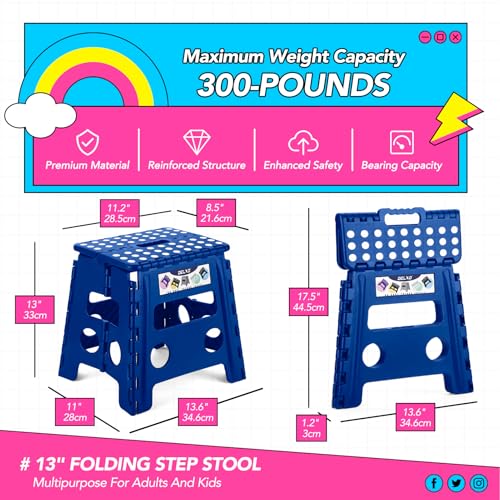 Image of Delxo Folding Step Stool 13 inch 2 Pack,300 Lbs Step Stool for Kids&Adults | Foldable Step Stool,Non-Slip Foot Stools with Handle Lightweight Collapsible stools for Kitchen,Bathroom,Bedroom,Garden Blue