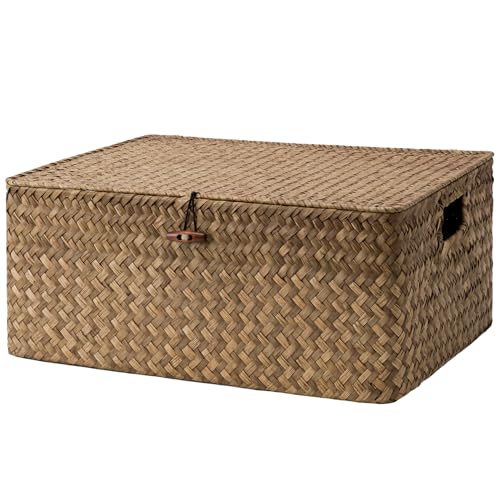 Image of StorageWorks Wicker Basket with Lid, Storage Baskets with Lids, Brown | Woven Baskets with Lids for Shelves, Wicker Storage Baskets with Lids, Lidded Baskets for Organizing, Extra Large, 1 Pack