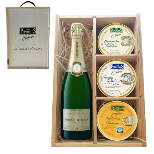 LOS PEPERETES Pack Gourmet Marisco Gallego con Champagne Roederer | x2 Berberechos al Natural · x2 Navajas al Natural · x2 Mejillones a la Gallega | Estuche Lote Delicatessen Premium Latas Conserva