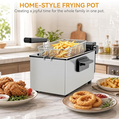 Image of SUSTEAS 2.7QT /3 Liter Electric Deep Fryer,Oil Fryer with Removable Frying Basket,1500W, Lid with Viewing Window, Timer Control and Adjustable Temperature, Perfect for Kitchen, Stainless Steel